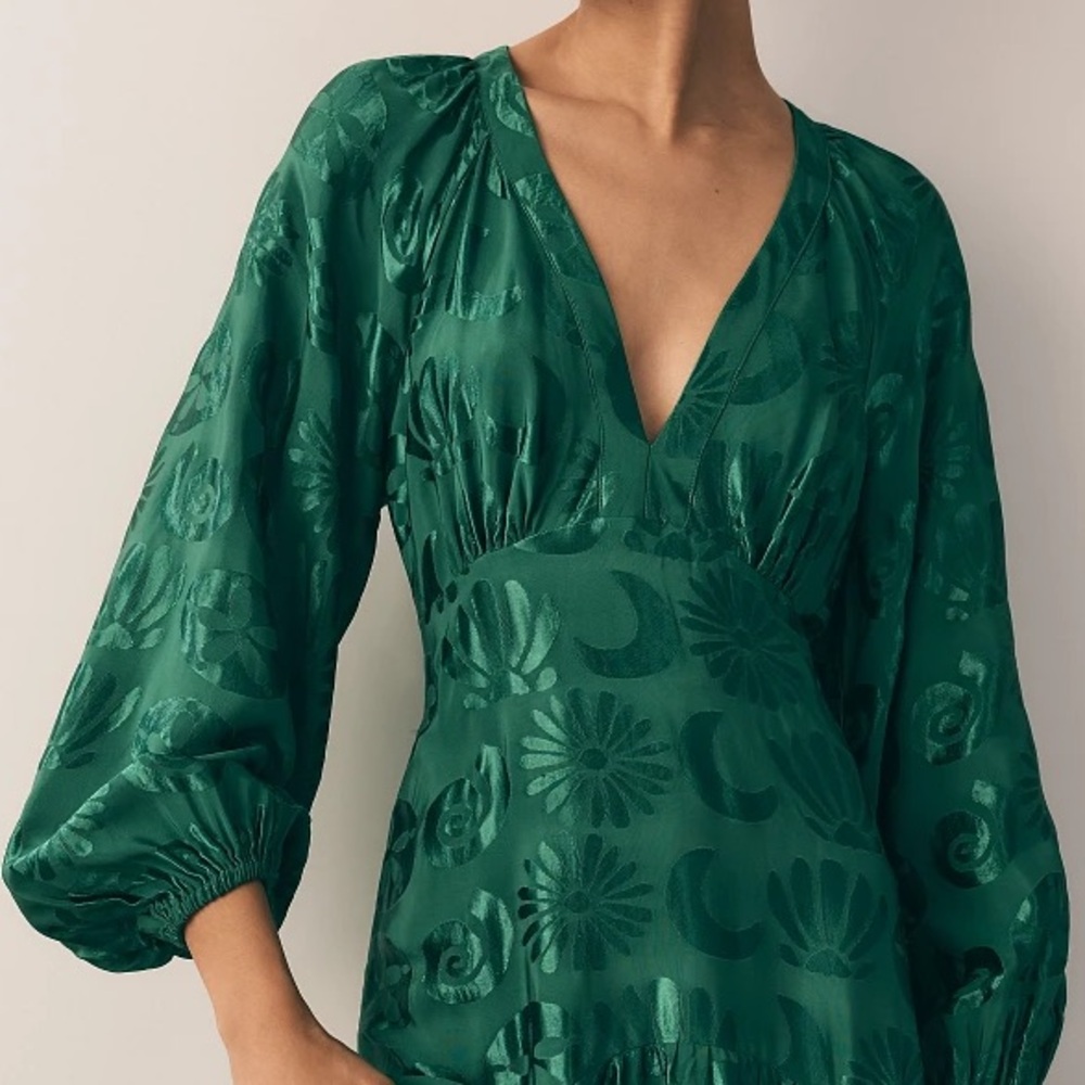 ANTHROPOLOGIE Farm Rio Green Floral Jacquard V-Neck Maxi Dress Petite MP NWT - Picture 7 of 17